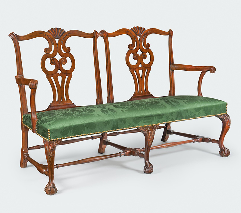 Chairback Settee Unknown 1760–75 Boston, Massachusetts Mahogany, mahogany veneer, white pine, maple; replacement upholstery  Philadelphia Museum of Art