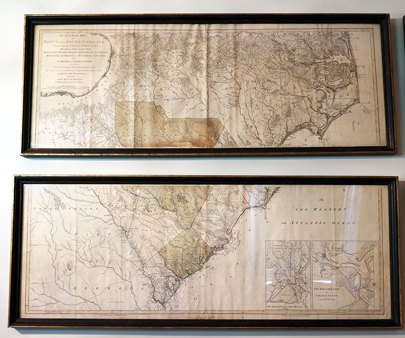 An Accurate Map of North and South Carolina with their Indian Frontiers, Shewing in a distinct manner all the Mountains, Rivers, Swamps, Marshes, Bays, Creeks, Harbours, Sandbanks and Soundings on the Coasts, with The Roads and Indian Paths; as well as the Boundary or Provincial Lines, The Several Townships and other divisions of the Land in Both the Provinces, the whole from Actual Surveys by Henry Mouzon and others