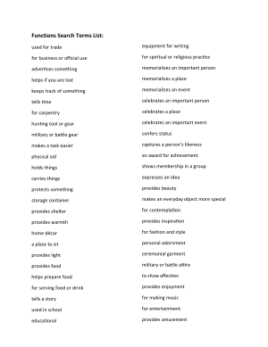 Functions Search Terms List
